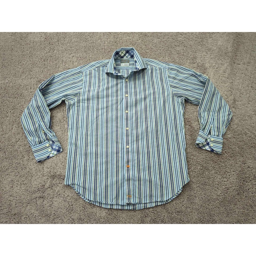 Thomas Dean Button Up Shirt Mens M Blue Vertical Stripes Long Sleeve 100% Cotton